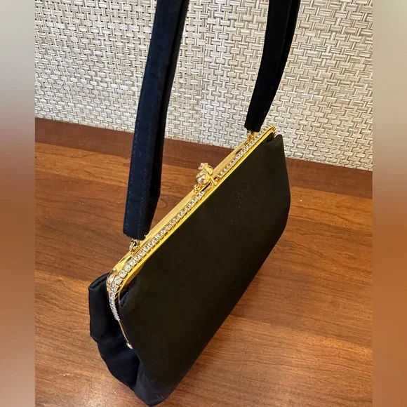 🌟HP🌟VTG 1950s-60s H&L (Harry Levine) Black Satin & Rhinestone Evening Bag Set - Picture 3 of 16